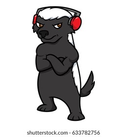 Cartoon Honey Badger Wearing Headphones Vector Illustration