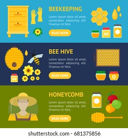 Cartoon Honey Banner Horizontal Set Beekeeping Farm Flat Design Style for Web or App. Vector illustration