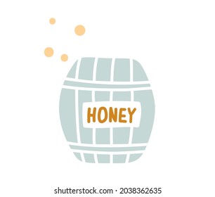 Cartoon honey barrel icon of beekeeping and apiculture food. Vector scandinavian bee honey in wooden keg or cask with honeycomb, natural dessert and snack design.