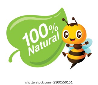 Cartoon honey bee beside leaf icon with 100 percent natural wording for healthy product vector illustration