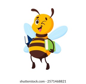 Cartoon honey bee character, cute honeybee animal mascot holding books with a winking expression, appearing cheerful and educational. Isolated vector friendly insect personage for children stories