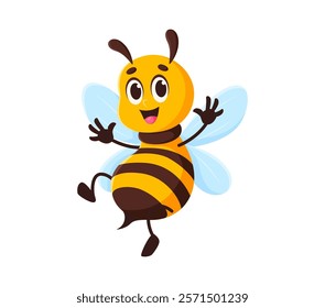 Cartoon honey bee character, cute honeybee animal mascot with cheerful expression and bright black and yellow stripes. Isolated vector flying bee insect personage waving hands and happily smiling