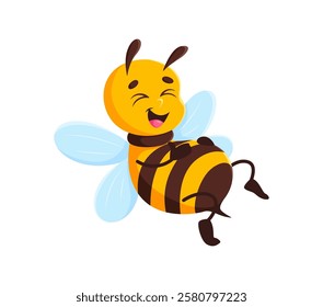 Cartoon honey bee character, cute honeybee animal mascot with cheerful adorable expression and bright black and yellow stripes. Isolated vector flying bee insect personage happily laughing