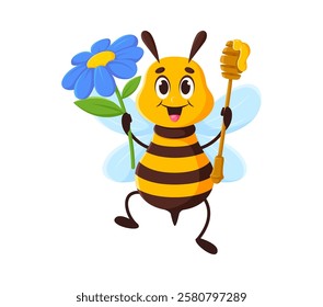 Cartoon honey bee character, cute honeybee animal mascot holding blue flower and honey dipper. Vector flying bee insect personage with happy expression representing pollination, nature and sweetness