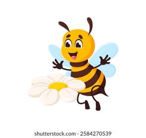 Cartoon honey bee character, cute honeybee animal mascot insect with bright yellow and black stripes, smiling and hovering near a white daisy with cheerful expression, waving hands and happily laugh