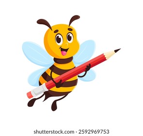 Cartoon honey bee character or cute honeybee with pencil, vector animal mascot for kids. Funny bee or bumblebee with happy face and carrying pencil for kids kindergarten or preschool insect mascot