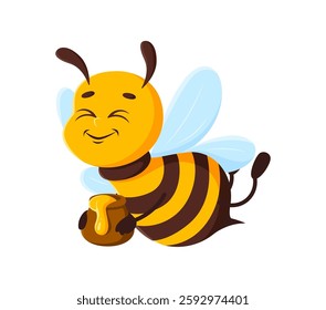 Cartoon honey bee character or cute honeybee with honey pot, vector animal mascot for kids. Funny comic bee or bumblebee flying with happy face carrying jar of honey for kids cute insect mascot