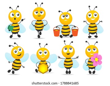 Cartoon honey bee mascot. Cute funny flying insects, smiling characters of delivery sweet organic product, vector illustration mascots of small yellow bees isolated on white background