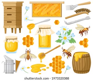 Cartoon honey. Beekeeping elements, honeycombs, beehive, bees and honey in glass jar vector illustration set. Natural sweets, honey symbols. Bee and beehive, honeycomb dessert, beekeeping elements