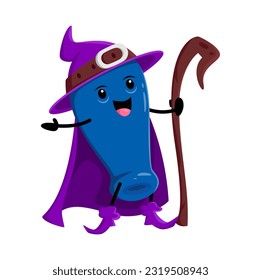 Cartoon honey berry wizard or magician character. Vector necromancer Halloween personage with magic staff. Funny wiz in hat and cape. Cute smiling sorcerer honeysuckle garden berry, healthy food