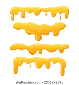 Cartoon honey borders. Liquid sweet sticky dripping spots, melting honey splashes flat vector illustration set. Honey splatters dividers