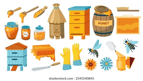 Cartoon honey collection. Doodle bee honeycomb beehive bee drops, sweet golden liquid product, organic bee nutrition food flat style. Vector isolated set.