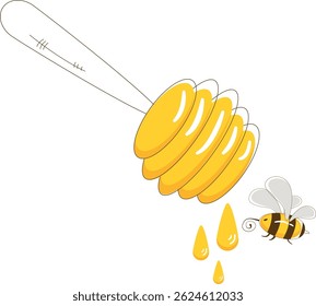 Cartoon Honey Dipper with Bee Illustration. Bees vector illustration.