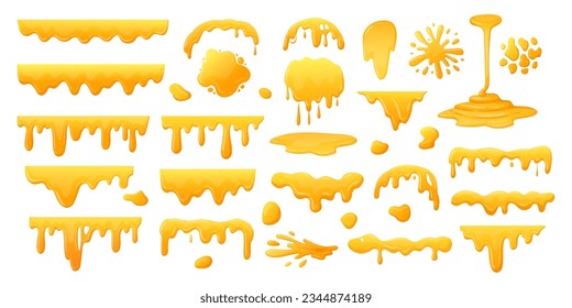 Cartoon honey dripping set. Sticky sweet dripping spots, flowing sugar syrup, melting honey splatters flat vector illustration collection. Sweet honey drops