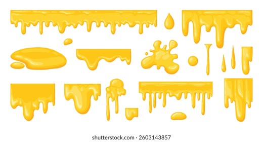 Cartoon honey dripping set. Sticky sweet dripping spots, flowing sugar syrup, melting honey splatters flat vector illustration collection. Sweet honey drops on white background