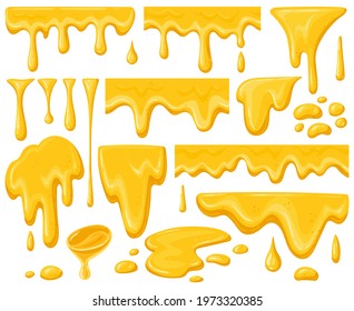 Cartoon honey drips. Dripping golden delicious honey flows, yellow natural sweets splashes and honey syrup drops vector illustration set. Honey liquid drips. Golden flow syrup, healthy fluid