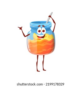 Cartoon Honey Jar Character. Isolated Vector Funny Flower Nectar Personage With Spoon. Glass Flask With Sweet Liquid Dessert, Bee Product, Apiary Organic Nutrition, Element For Kids Menu, Food Emoji