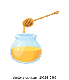 Cartoon honey jar comb. Bee ingredient flowing drip from wooden spoon into pot, vector illustration isolated on white background