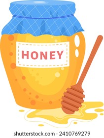 Cartoon honey jar with dipper and flowing honey. Honey in glass pot with blue fabric lid and label vector illustration. Sweet organic product concept.