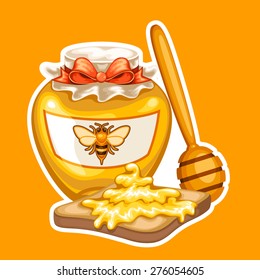 Cartoon honey jar, dipper and a slice of bread with honey