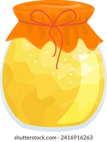 Cartoon honey jar with orange top and bow, bright yellow honey, shiny highlights. Sweet organic honey in glass jar vector illustration.