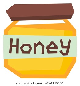 Cartoon honey jar with wooden lid and label. Sweet-themed design element in kids and nature illustrations. Perfect for food-related prints and bee education visuals.
