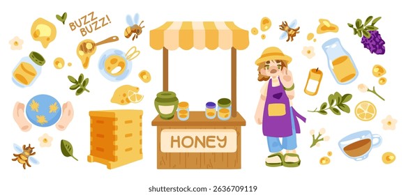 Cartoon Honey Market Scene Illustration. Cartoon illustration of a honey market stall with a seller, bees, honey jars, flowers, herbs, and lemons. Flat style, warm palette, white background.