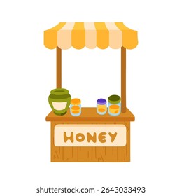 Cartoon Honey Market Stand Icon. Cartoon illustration of a wooden honey stand with striped canopy and jars of honey on the counter. Flat style, warm color palette, isolated on white background.
