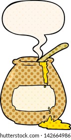 cartoon honey pot with speech bubble in comic book style