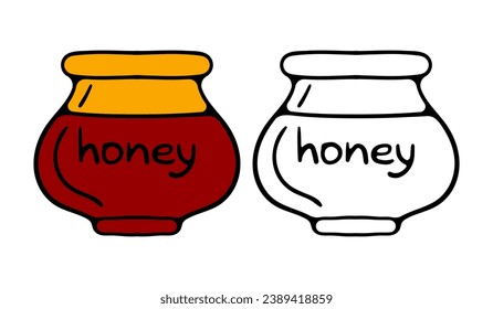 Cartoon honey pots. Glass pots and wooden spoon with dripping liquid honey isolated vector illustration set. Transparent honey jars