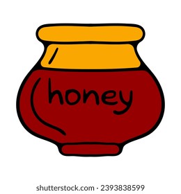 Cartoon honey pots. Glass pots and wooden spoon with dripping liquid honey isolated vector illustration set. Transparent honey jars