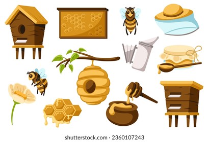 Cartoon honey production items. Honey bees, beehive, honeycomb and bottle of sweet honey vector illustration set. Organic product, insect and smoker equipment. Apiculture collection concept