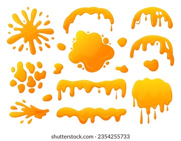 Cartoon honey splashes. Sweet syrup dripping spots, melting liquid honey spots flat vector illustration set. Sticky honey drops