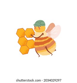 Cartoon honeybee builds a honeycomb beehive, illustration in flat style. Worker bee builder hives vector personage.The character of cute bee isolated design on white background. Child character