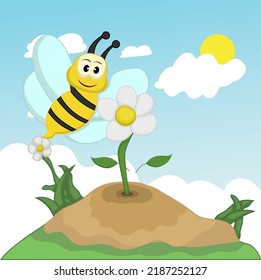 Cartoon Honeybee Flying Above Flower