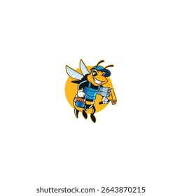 Cartoon Honeybee Painter characters isolated on white background. Honeybee Painter characters with emotions, holding a Ruler of Paint, Bee vector icon illustration design template