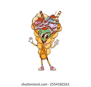 Cartoon Hong Kong bubble waffle, groovy fast food character. Vector ice cream personage with colorful balls, crispy wafer sticks and sprinkles. Sweet tasty dessert with comic happy face and retro vibe