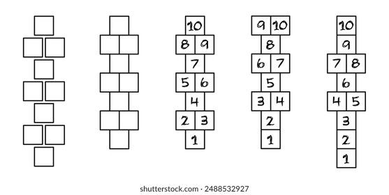 Cartoon hopscotch game on a floor, street or asphalt. Chalk drawing. School yard games. For kids playing hopscotch on playground. Hopscotch kid activity with numbers. Outdoor games for children sport.