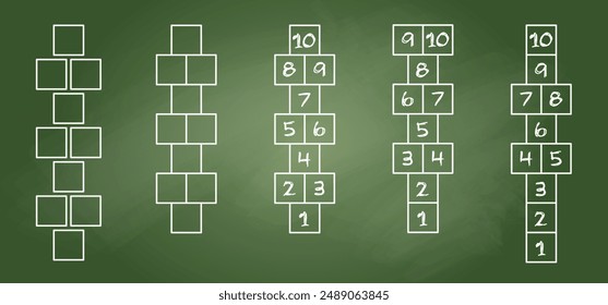 Cartoon hopscotch game on a floor, street or asphalt. Chalk drawing. School yard games. For kids playing hopscotch on playground. Hopscotch kid activity with numbers. Outdoor games for children sport.