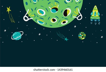 Cartoon horizontal banner, hat, template, vector illustration. Space elements on a dark background with a place for an inscription. Funny design for kids.