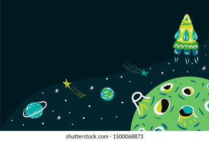 Cartoon horizontal banner, hat, template, vector illustration. Space elements moon, rocket, Saturn, Earth on a dark background with a place for an inscription. Funny design for kids.