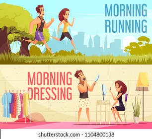 Cartoon horizontal banners set with young couple running and dressing together in morning isolated vector illustration