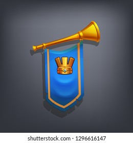 Cartoon horn with blue flag and gold crown on flag. Vector illustration.