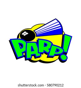 Cartoon horn parp colorful text caption illustration
