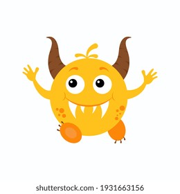 Cartoon horned funny smiling yellow  monster isolated on white.Design for print, party decoration,  illustration,  sticker.  