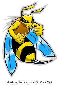 Cartoon hornet mascot on the white background.