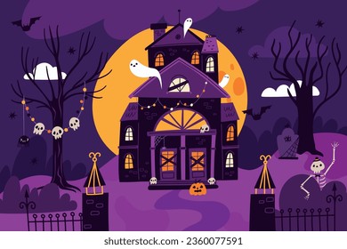 Cartoon horror house. Creepy Halloween castle with ghosts. Grave skeleton. Skulls and pumpkins. Spooky holiday decorations. Night landscape. Scary bats and spider. Garish