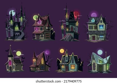 Cartoon horror house set. Scary haunted buildings, ghosted halloween creepy castles, gothic spooky homes, mysterious moonlight in forest, dark mystery witch architecture, tidy vector set