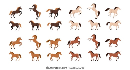 Cartoon horse. Animal in various poses. Contour vector illustration for emblem, badge, insignia, postcard.