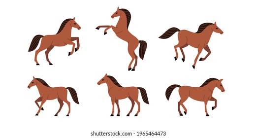 Cartoon horse. Animal in various poses. Contour vector illustration for emblem, badge, insignia, postcard.